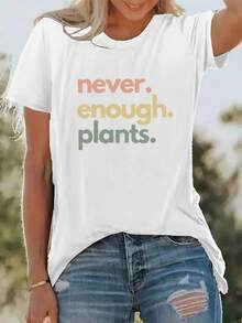 [Newest] Creative Monogram Print Plant Lover T-Shirt, Casual Crew Neck T-Shirt, Short Sleeve Spring Summer Vacation T-Shirt, Women's Clothing, New Women's Clothing, Machine Washable - 白色 - 查看 1