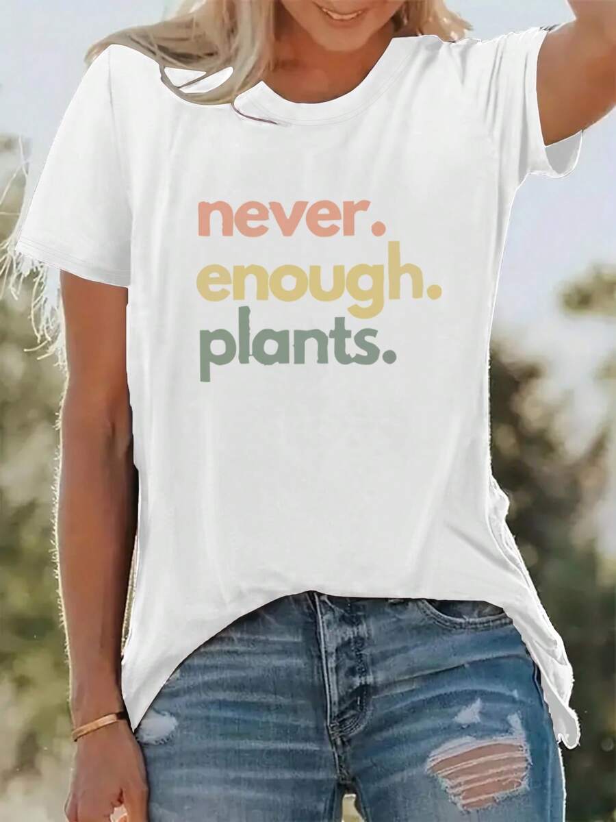 [Newest] Creative Monogram Print Plant Lover T-Shirt, Casual Crew Neck T-Shirt, Short Sleeve Spring Summer Vacation T-Shirt, Women's Clothing, New Women's Clothing, Machine Washable - 白色 - 查看 1