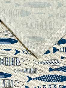 1pc Mediterranean Blue & White Fish Pattern Linen Table Runner, Suitable For Holidays, Parties, Birthdays, Dinners, Kitchen & Dining Room Decor, Shoe Cabinet Cover, All Season Home Decor & Textile - Multicolor - View 8