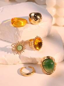 6 pièces Ensemble de bagues vintage de luxe polyvalentes, exquises et élégantes avec un design géométrique unique incrusté de jade. Bagues en métal doré épaisses pour femmes, convenant pour une utilisation quotidienne, la décoration de fête et comme cadeau de bijoux - Multicolore - Voir 2