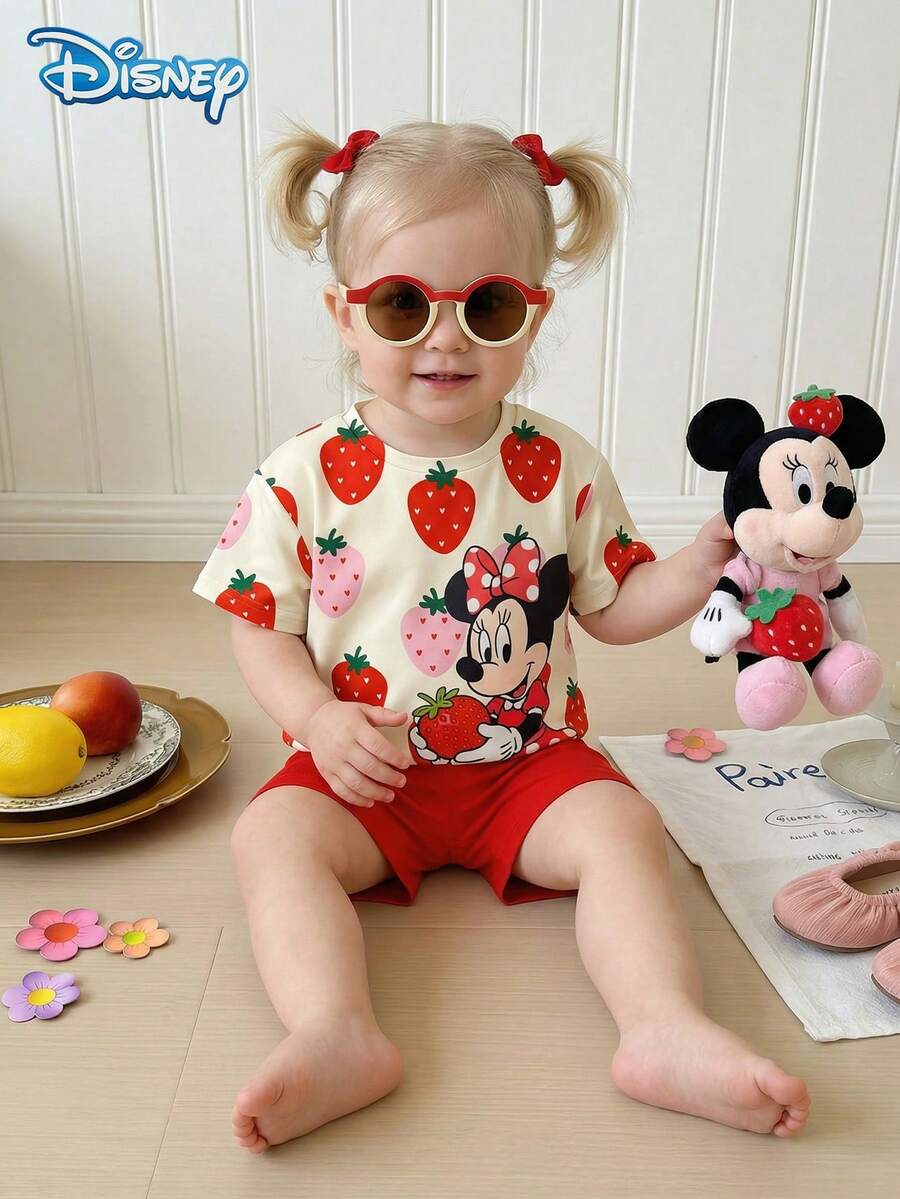 Disney 女嬰草莓印花短袖T恤與短褲套裝,純紅色鬆緊腰短褲 - 紅色 - 查看 1