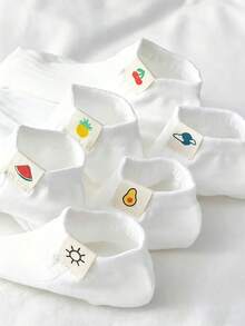 1/6 Pair [Random Delivery] Japanese Minimalist Vertical Stripe White Socks, Cute Fruit Cartoon Fabric Label Low Vamp Socks, Fresh Interesting Pattern Label, Breathable Women Short Socks, Fashion, Comfortable Material, Essential For Daily Outfit - White - View 3