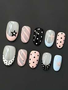 10PCS Sweet Cool Fresh INS Personalized Hot Girl Y2K Hand-Painted Black & White Polka Dot Black & Pink Pentagram Pink Diagonal Stripe Short Oval Press-On Nails Dopamine Art Nail Tips Black White Blue Pink Color Palette NAILS - Multicolor - View 2