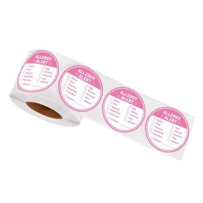 Kitchen, School, Restaurant, Bakery Use: Circular Food Allergy Stickers, Paper Material, White Color, Top 10 Allergen List For Clear Safety Warning