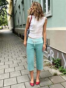 Women's Drawstring High Waist Capri Sweatpants, Loose Wide Leg Soft Knit Cropped Trousers Casual Daily Lounge Streetwear Summer Bottoms - 綠色 - 查看 1