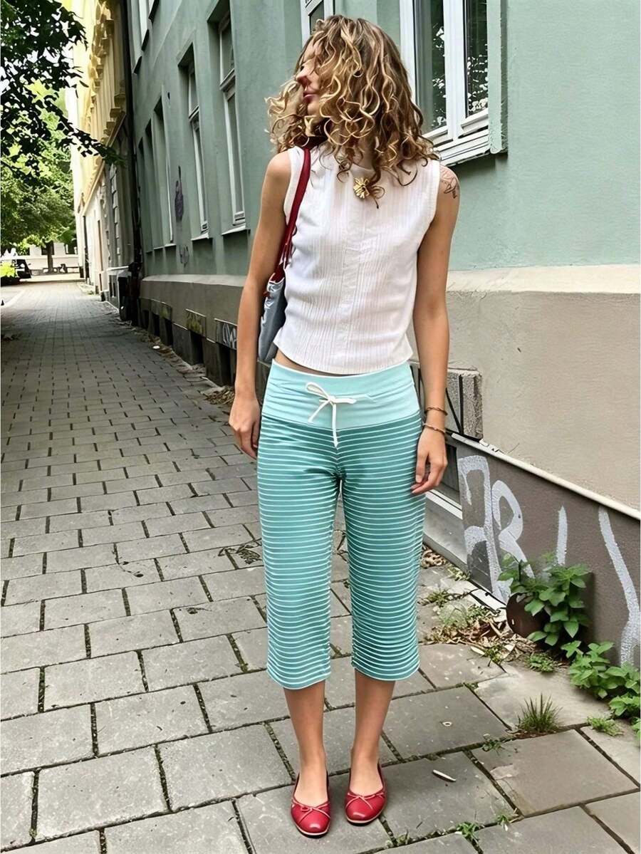 Women's Drawstring High Waist Capri Sweatpants, Loose Wide Leg Soft Knit Cropped Trousers Casual Daily Lounge Streetwear Summer Bottoms - 綠色 - 查看 1