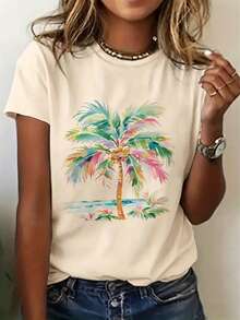 Women's Colorful Palm Tree Pattern T-Shirt - Casual White Tropical Design T-Shirt, Vibrant Green, Pink, And Blue Leaves, Perfect For Summer Beach Style - Available In Plus Sizes, Comfortable Cotton Fabric Suitable For Daily Wear, Ideal Gift For Relatives And Friends, Tops For Women, Vacation Outfits For Women - 杏色 - 查看 1