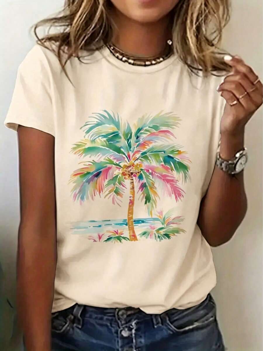 Women's Colorful Palm Tree Pattern T-Shirt - Casual White Tropical Design T-Shirt, Vibrant Green, Pink, And Blue Leaves, Perfect For Summer Beach Style - Available In Plus Sizes, Comfortable Cotton Fabric Suitable For Daily Wear, Ideal Gift For Relatives And Friends, Tops For Women, Vacation Outfits For Women - 杏色 - 查看 1