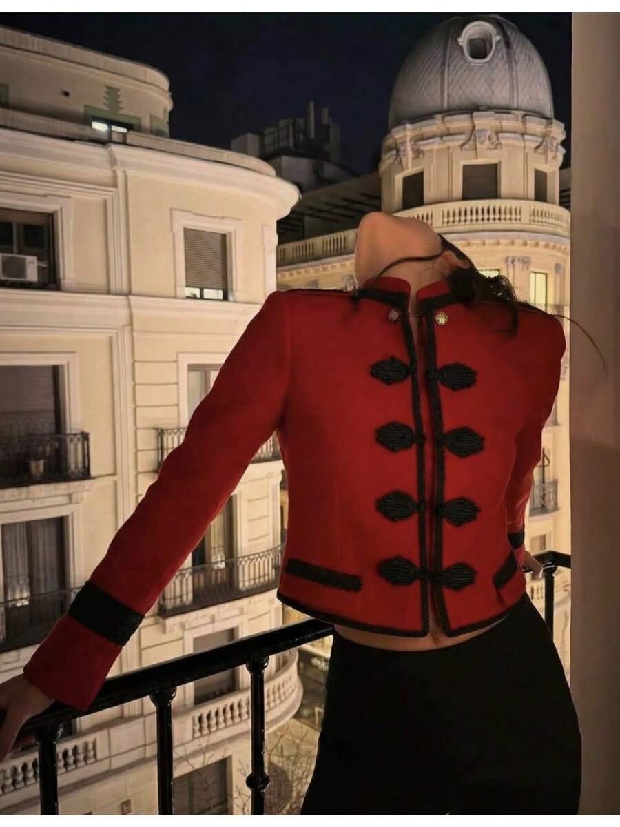 Abrigo de mujer con cierre de botones tradicionales chinos de estilo retro y de moda - Rojo - Ver 1