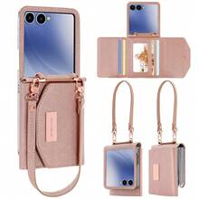 VIETAO Ốp điện thoại giả da có dây đeo và khe đựng thẻ, tương thích với Samsung Galaxy Z Flip 3 4 5 6 7, vỏ bảo vệ điện thoại thời trang có dây đeo tay Flip3 Flip4 Flip5 Flip6 - Hoa hồng vàng - Xem 7