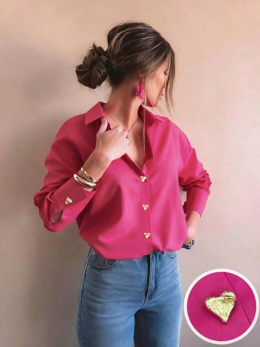 Camisa básica de mujer con hebilla de corazón de metal a rayas rosa pálido, elegante y minimalista para uso casual y de oficina, prenda exterior casual para otoño/invierno - Rosa Fucsia - Ver 1