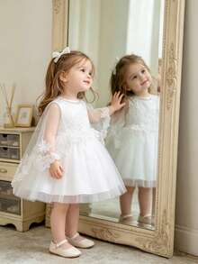 Robe mini en dentelle à manches courtes pour bébé fille de 0 à 2 ans, robe de baptême blanche convenant aux jeux de rôle et aux fêtes - Blanc - Voir 1