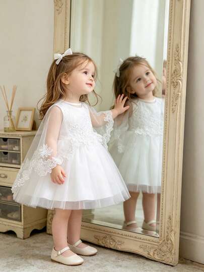 Baby Girls 0-2 Years Short Sleeve Lace Mini Dress, White Christening Gown Suitable For Role Play Party