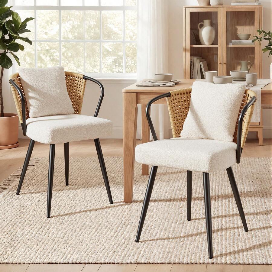 Nalupatio Rattan Dining Chairs Set Of 2, Upholstered Kitchen Chair With Metal Legs, Ergonomic Curved Backrest, Mid Century Modern Living Room Lounge With & Throw Pillow,Brwon - 棕色 - 查看 1
