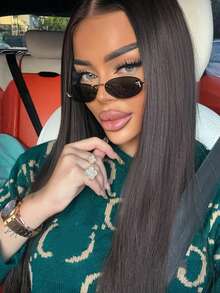 1pc Women's Frameless Metal Rhinestone Letter Y2K Style Fashion Glasses, Oval Letter Decor Retro College Style Back To School Essential - black gray - View 4