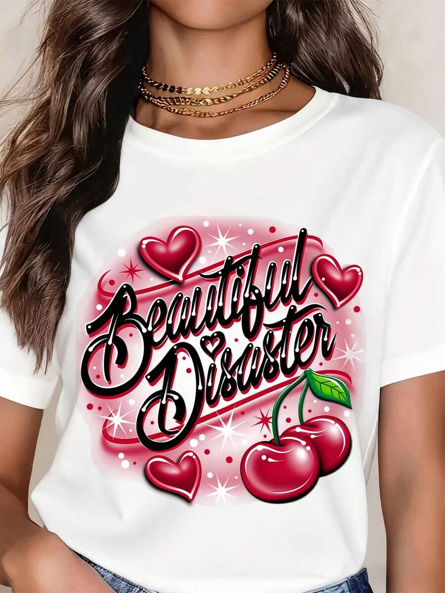 Beautiful Disaster Cherry Heart Graphic T-Shirt For Women Cute Sweet Design With Sparkles And Red Cherries Fashionable Casual Top - 白色 - 查看 1