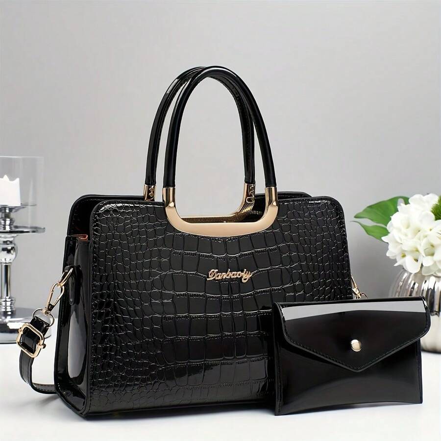 New 2026 Women's Handbag: Embossed Crocodile Pattern Handbag, Stylish Glossy Leather, Luxury Tote Bag/Mother Bag - 黑色 - 查看 1