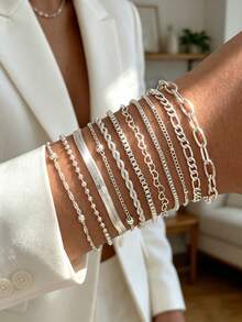 11pcs/Set Fashion Minimalist Elegant Delicate Retro Geometric Buckle Chain, Heart, Bead, Twist, Box Chain Bracelets, Versatile Accessory Set For Holiday, Party, Daily Wear, Gift - Silver - View 1