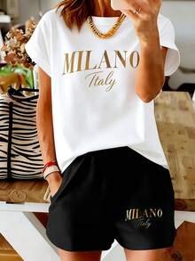 Conjunto de Mujer con Estampado de Letras de Milán - Manga Corta y Pantalones Cortos -  de Moda Femenina Casual y Cómoda - negro negro - Ver 2