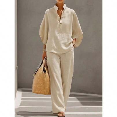 New Women's Shirt Set 2026 Casual City Set2026 Spring/Summer Fashion Women's Casual Style Bat Sleeve Loose-Fit Outfit