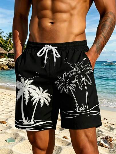 Men's 3D Digital Printed Coconut Tree Pattern Casual Beach Shorts, Drawstring Waist, Lightweight Single Layer, Suitable For Summer Holiday Outdoor, Casual Daily Wear