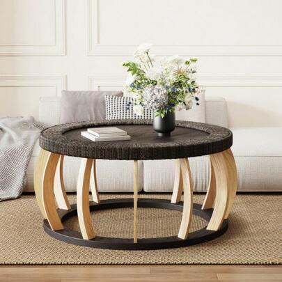 Vintage Rattan Solid Wood Round Coffee Table, Curved Legs Boho Accent Table For Dining Room, Kitchen And Living Room,Black Brown