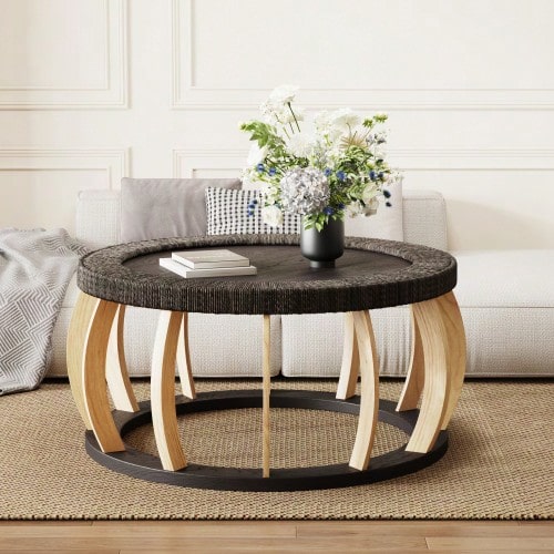 Vintage Rattan Solid Wood Round Coffee Table, Curved Legs Boho Accent Table For Dining Room, Kitchen And Living Room,Black Brown - Hitam - View 1
