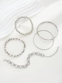 5pcs Vintage Exaggerated Minimalist Coin Design Layered Chunky Chain Beaded Bracelet Set, Suitable For Dating, Vacation, Daily Wear, Party, Holiday Gift For Women - Silver - View 5