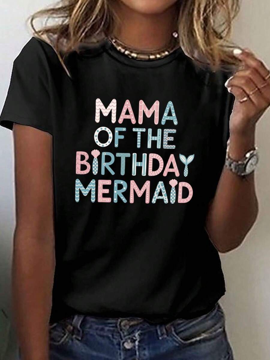 Mamá del cumpleaños sirena impresión camiseta, manga corta cuello de tripulación top casual para el verano y la primavera, ropa de mujer