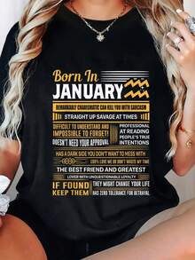 Aquarius January Birthday T-Shirt - Casual Round Neck, Short Sleeve, Machine Washable - Negro - Ver 2