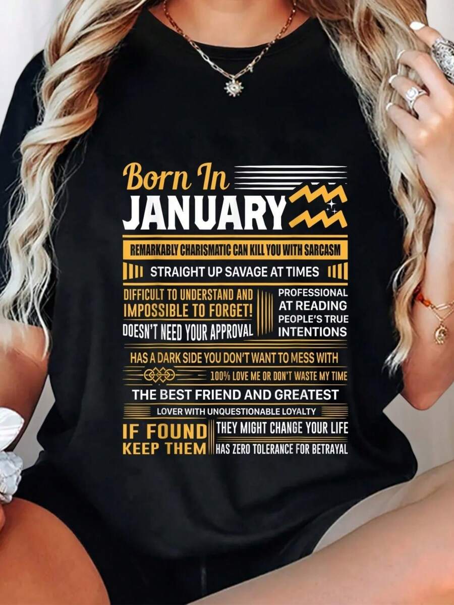 Aquarius January Birthday T-Shirt - Casual Round Neck, Short Sleeve, Machine Washable