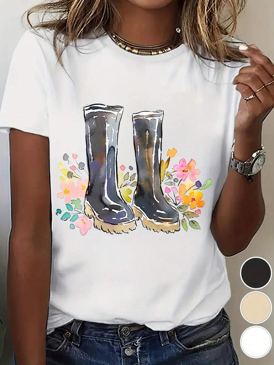Women's Short Sleeve Crew Neck T-Shirt - Autumn House Print With Boots And Floral Design, Stylish Casual All Season Top, Regular H-Line Fit, Multiple Color Options For Halloween And Christmas Holiday Outfits, Breathable And Comfortable Casual Outfit - 白色 - 查看 1