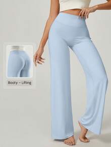 NcmRyu 1 buah Celana Olahraga Wanita Warna Polos Model Longgar Pinggang Tinggi Kaki Lebar - Baby Blue - View 2