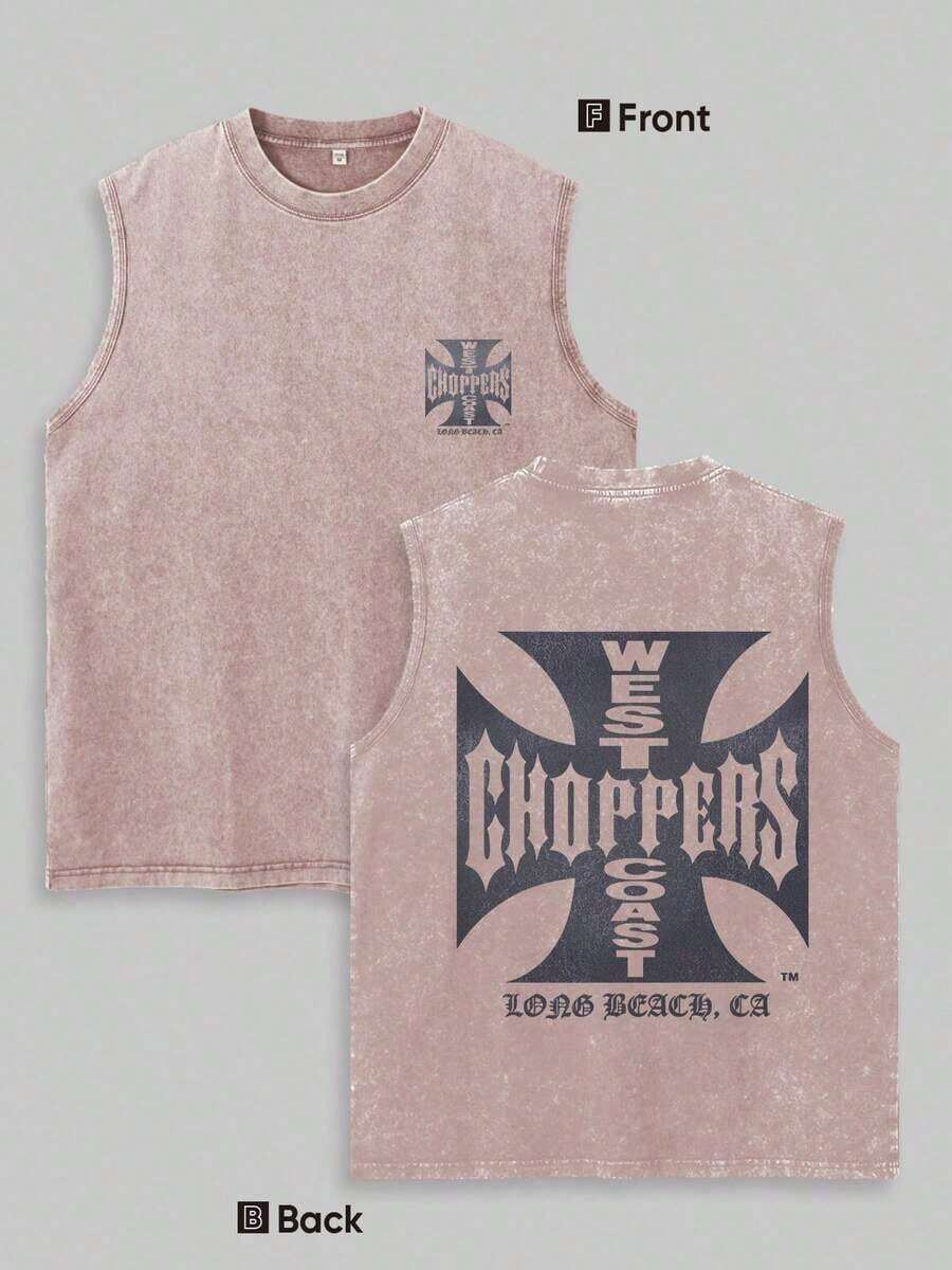 Y2KCHAOS 210g Washed Pure Cotton Vest Men's Vest Streetwear Style American Casual Wear West Coast Choppers Graphic Print Motorcycle Culture Inspired Design For Men And Young Adults-Vintage Street Style Unisex Loose Cotton Short Sleeve Crew Neck T-Shirt - 駝色 - 查看 1