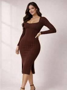 Midi Dress With Half Cup In Ribbed Prime Fabric | Fitted Design With Support, Elegant And Versatile For Day To Night - Óxido marrón - Ver 1
