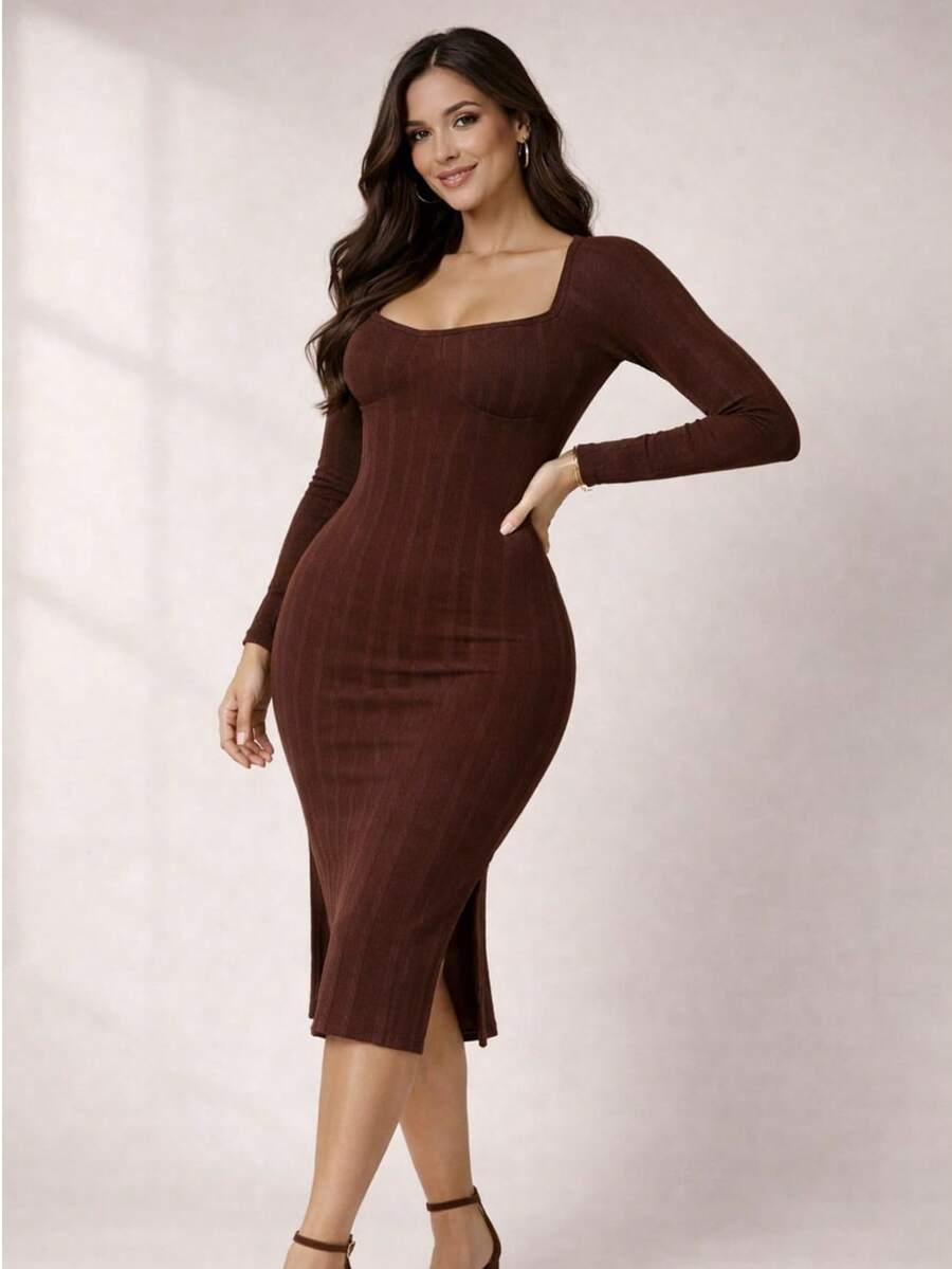 Midi Dress With Half Cup In Ribbed Prime Fabric | Fitted Design With Support, Elegant And Versatile For Day To Night - Óxido marrón - Ver 1
