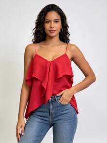 Thin Strappy Top With Pleats And Irregular Hem - Red - View 1