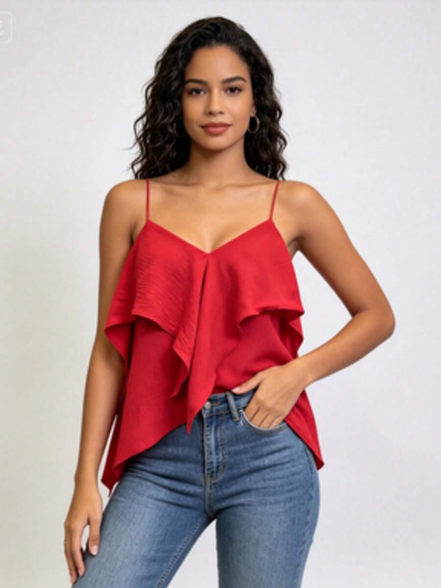 Thin Strappy Top With Pleats And Irregular Hem - Red - View 1
