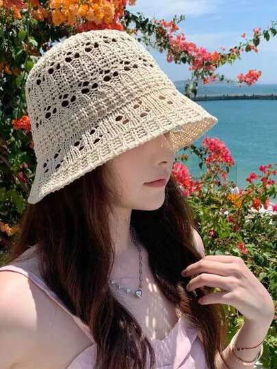 1顶/2顶女士纯色编织草帽，镂空透气遮阳帽，简约时尚沙滩防晒帽，适合沙滩使用