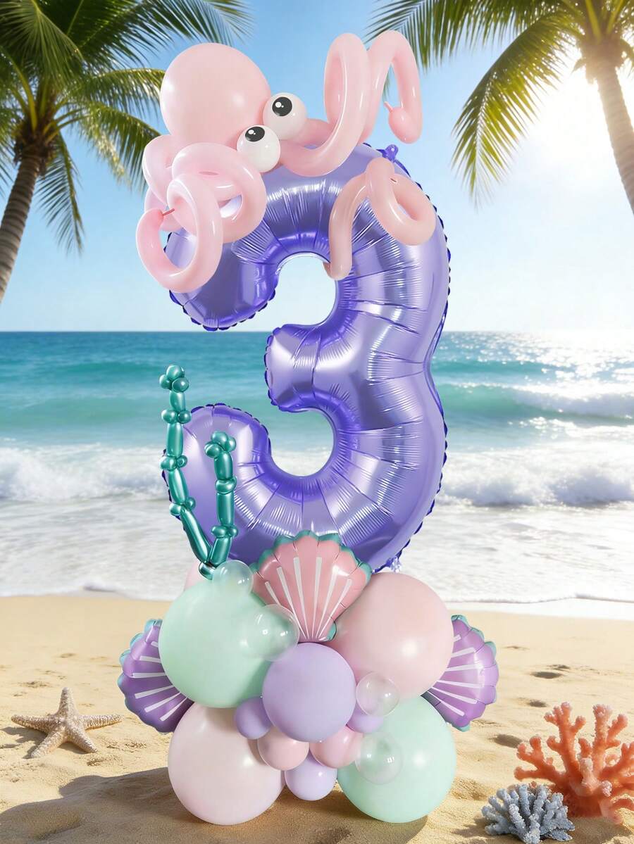 24件組海洋生日氣球套裝，包含32英吋藍色數字1-9、迷你海洋動物氣球、藍色乳膠氣球，適合水下主題生日派對、男孩生日、海洋動物氣球、泳池海灘派對