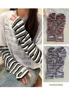 1 Pair Colorful Striped Breathable Ice Sleeves For Women, Summer Thin Loose Sun Protection Arm Sleeves, UV Protection Cotton Sunshade Cycling Arm Guards - Egg Mark - View 4