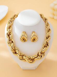 Bohemian Style Exaggerated Thick Chain Necklace And Earrings Jewelry Set, Suitable For Daily, Vacation And Gift - Yellow Gold - View 3
