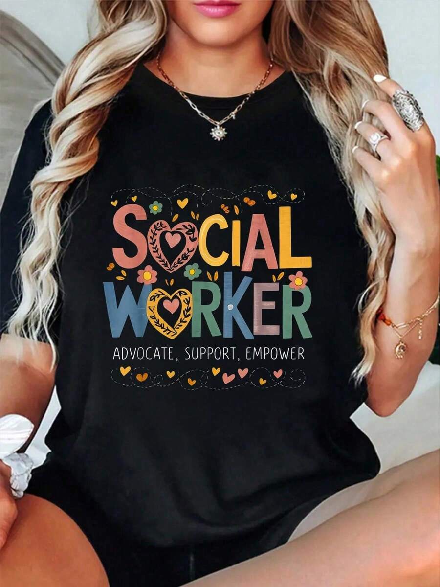 Camiseta de trabajador social de mujer | Apoyo y empoderamiento de la defensa, impresión del mes del trabajo social, cuello redondo, manga corta, adecuado para todas las estaciones, primavera y verano, estilo informal