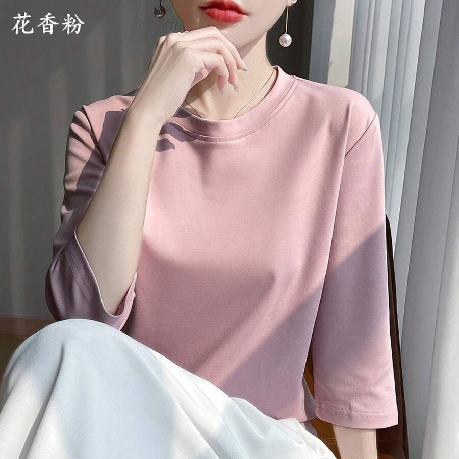 Camiseta de manga corta de algodón de verano para mujer, cuello redondo, mangas de siete puntos, camisa holgada de media manga de algodón mercerizado, nueva camiseta - MY3 - Ver 1