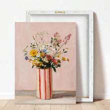 1pc Canvas Wall Art, Framed Wall Decor, Abstract Wildflower Bouquet Art, Soft Flowers In Striped Vase, Rustic Style Floral Poster, Pink Tone Farmhouse Style Artwork, Dreamy Floral Wall Art, Perfect For Bedroom, Living Room, Kids Room, Apartment, Dorm, Farmhouse Style Interior Decor - Multicolor - View 7