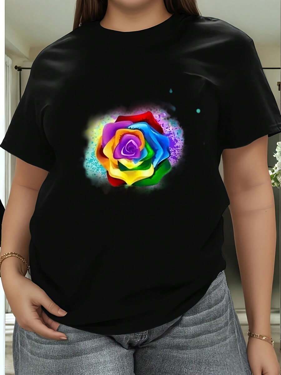 Plus Size, Plus-Size Women's Oversized Short Sleeve T-Shirt - 180g Lightweight Pure Printed Rainbow Rose & Hearts Graphic, Loose Fit Casual Round Neck Top for Spring Summer Casual Attire, Black & White Color Options, Comfortable & Versatile All-Season Outfits