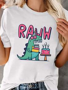 Dinosaur Birthday Print Crew Neck T-Shirt, Casual Short Sleeve Top For Spring And Summer, Women's Clothing - 白色 - 查看 1
