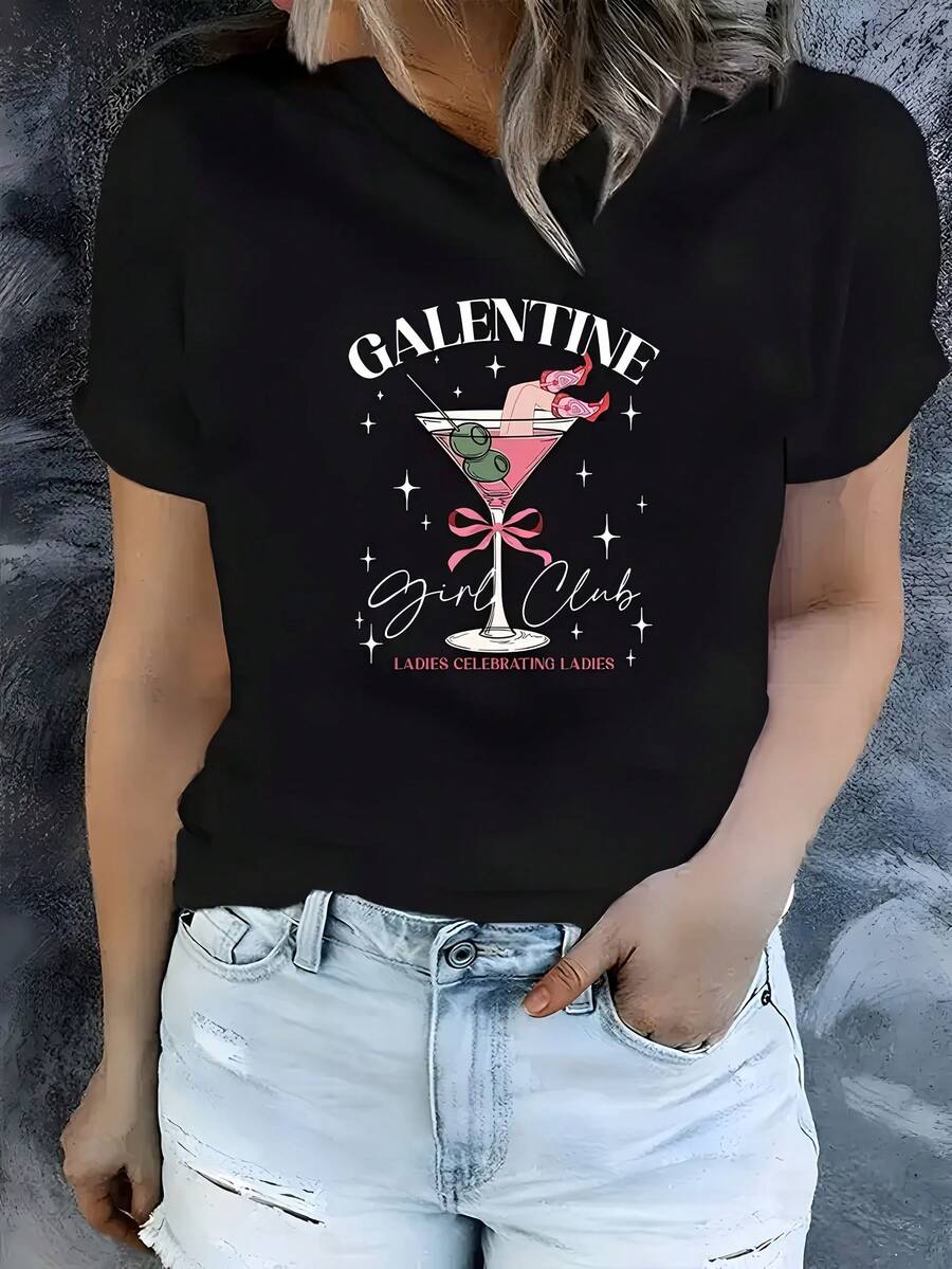[Galentine Graphic Tee] Women's Galentine Club Graphic Tee - Casual Crew Neck Short Sleeve Top With Martini Design, Perfect For Spring And Summer, Ladies' Tees - 黑色 - 查看 1