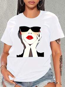 Gafas y labios rojos mujer imprimir camiseta: Casual, cómodo y elegante para el verano - Blanco - Ver 2