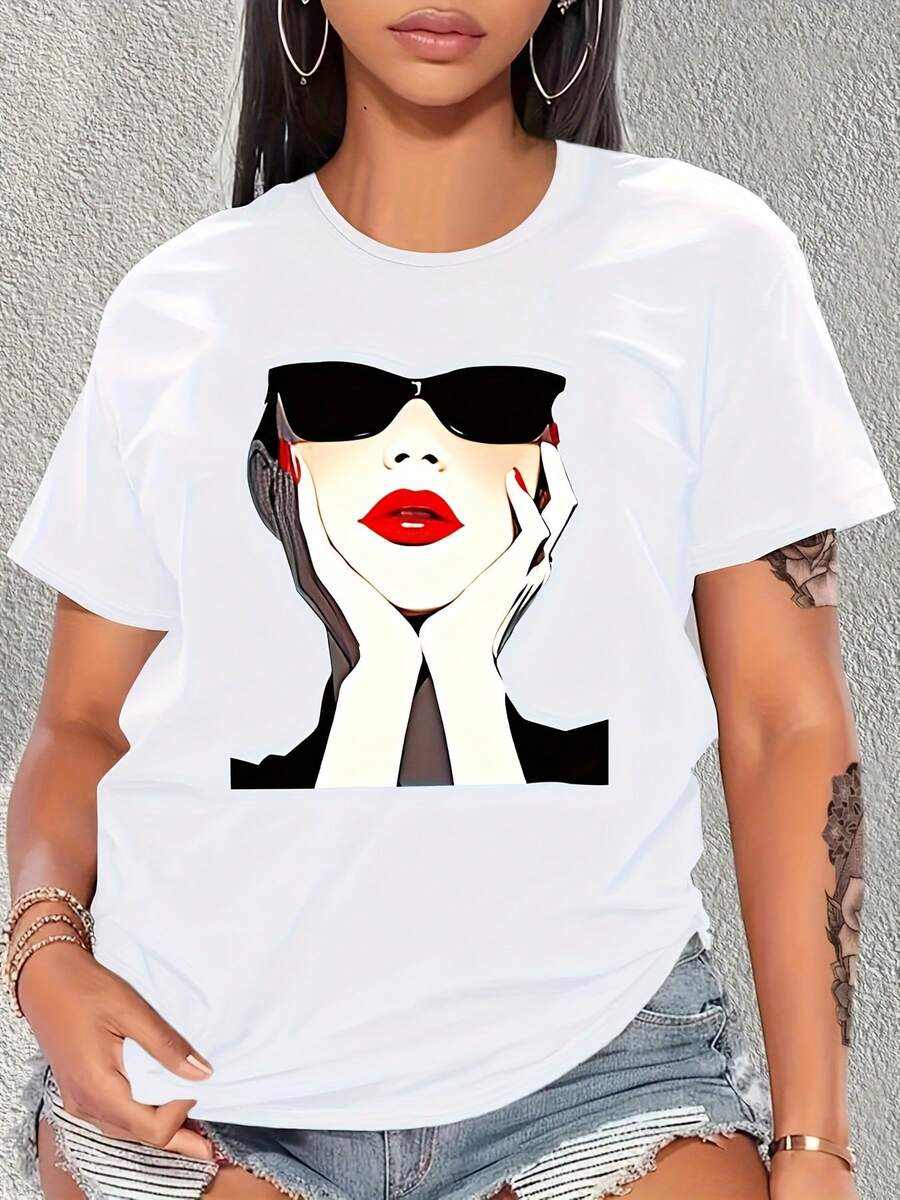 Gafas y labios rojos mujer imprimir camiseta: Casual, cómodo y elegante para el verano